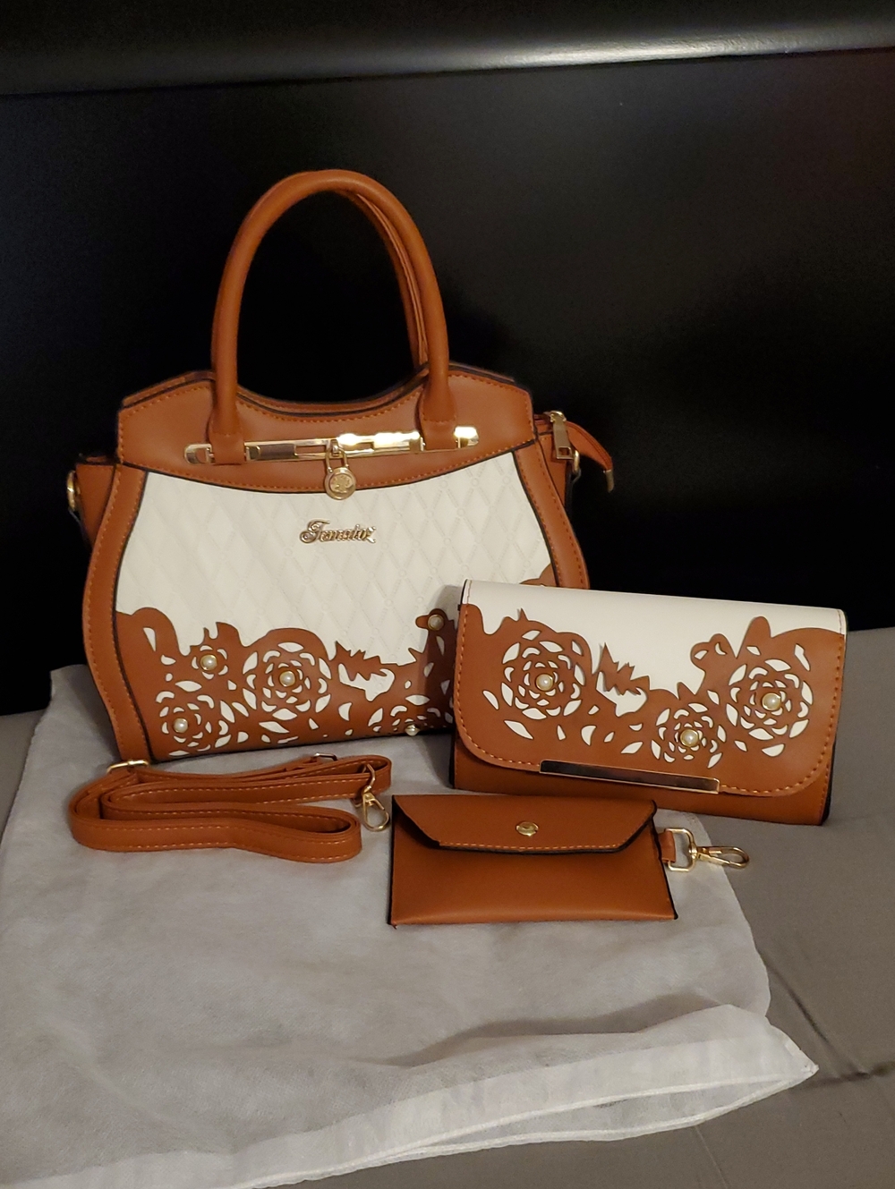 White and Tan Floral Cutout Satchel Set